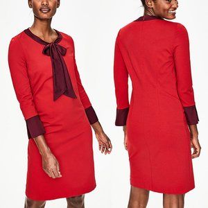 Boden Red Poinsettia Josie 3/4 Sleeve Dress Purple Trim Tie Neckline 16 Long XL